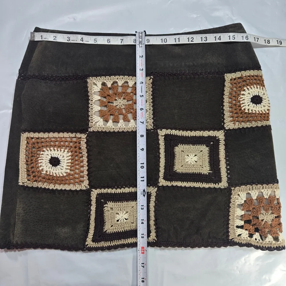 Genuine leather‎ crochet mini skirt brown Sz7 lining side zipper